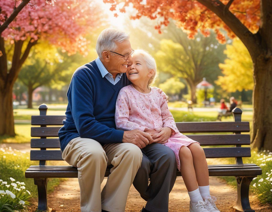 A warm and inviting scene of a loving grandparent sharing a joyful moment with their grandchild, surrounded by symbols of protection like a soft shield made of heart shapes. Include a serene park backdrop with blooming flowers and a bright sunny sky, emphasizing the theme of health and safety. The grandparent should look wise yet friendly, while the child radiates innocence and joy. super-realistic. vibrant colors. nature-inspired.