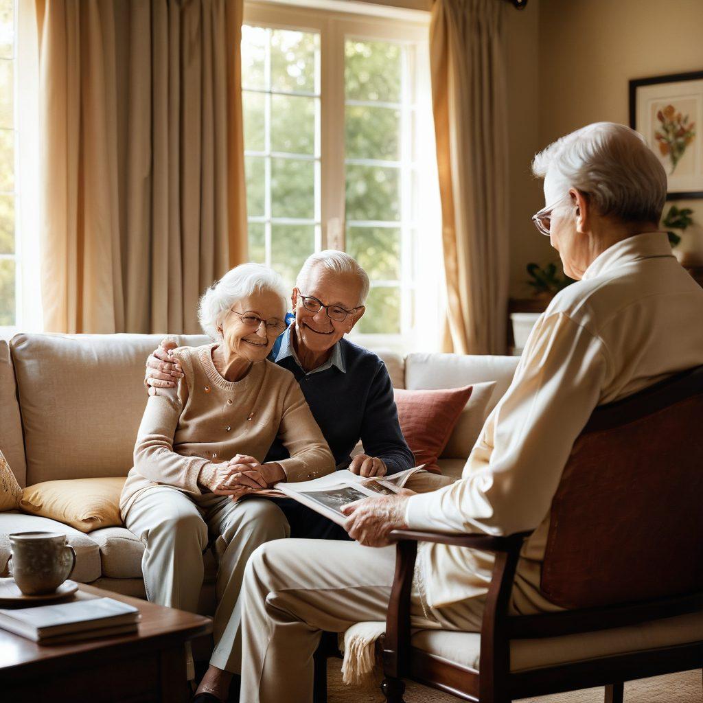 A serene and heartwarming scene of a grandparent sitting in a cozy living room, surrounded by family photos, while reading an insurance guide. Soft sunlight filters through the window illuminating a warm, inviting atmosphere. The grandparent, with a gentle smile, is sharing wisdom with a young child, showcasing trust and love. Emphasize elements of protection and care with symbols of life insurance such as a shield and heart graphics subtly incorporated in the background. warm color palette. painting.